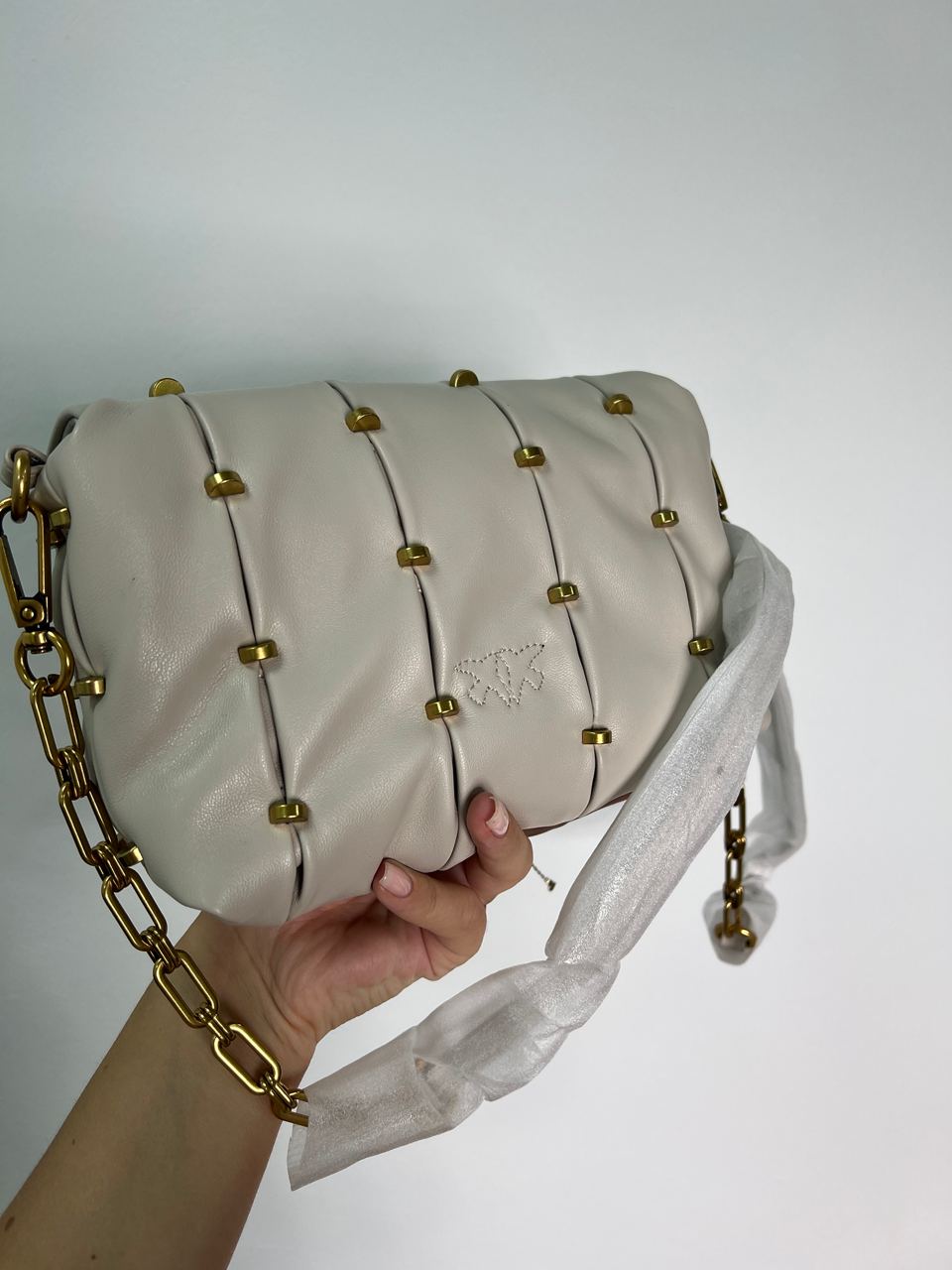 Pinko Grey Quilted Leather Love Mini Puff Staples - 13