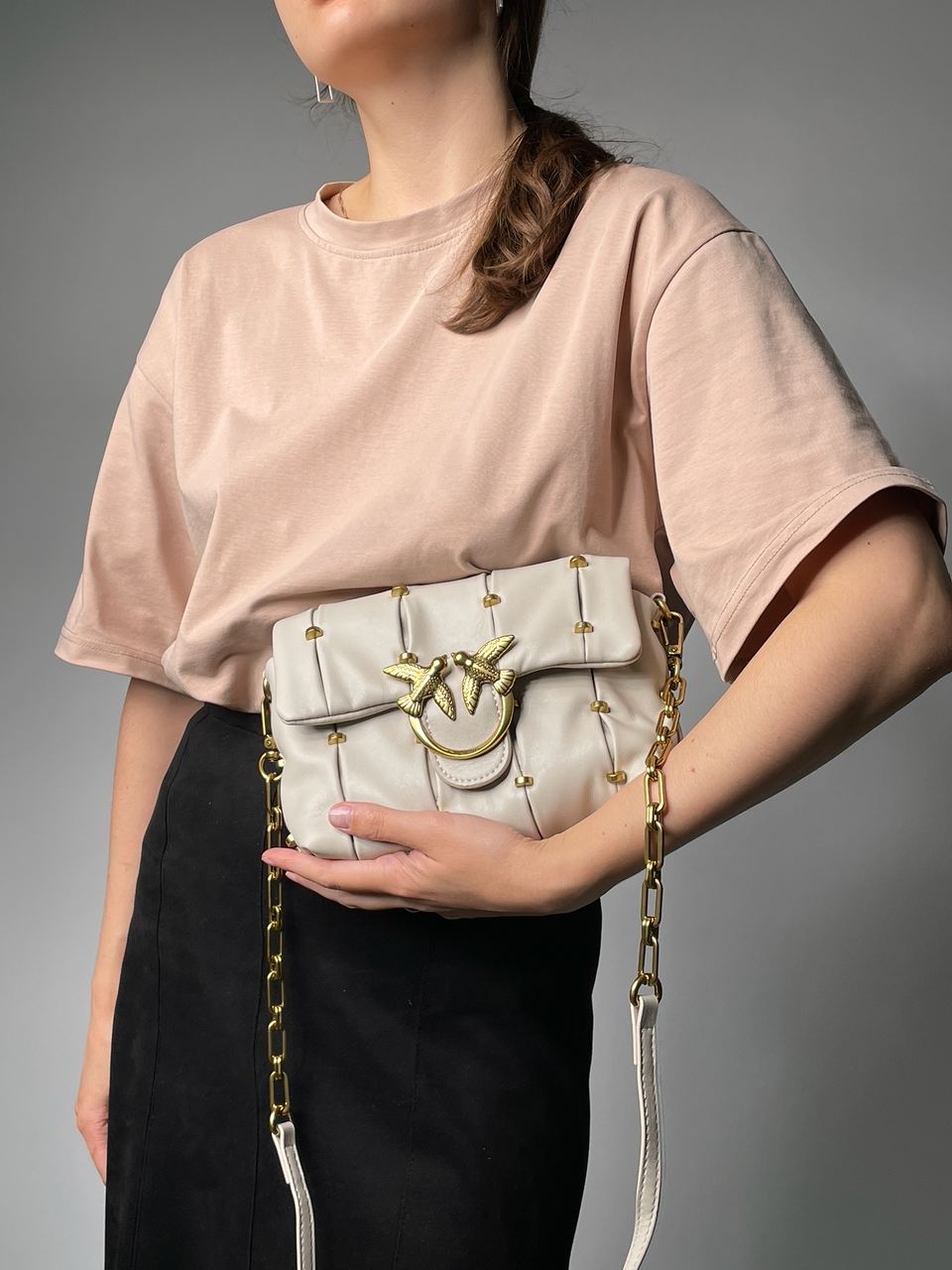 Pinko Grey Quilted Leather Love Mini Puff Staples - 7