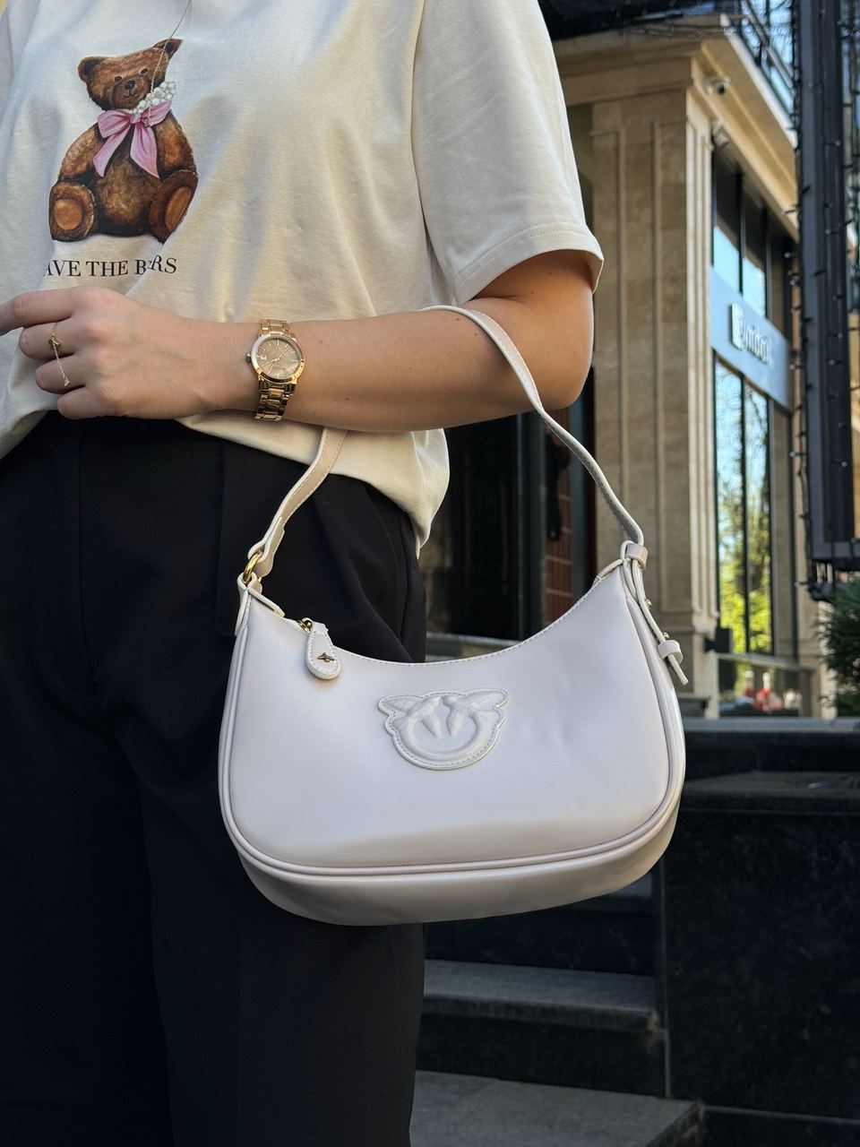 Pinko Half Moon Bag Simply Cream With Leather Buckle - 7