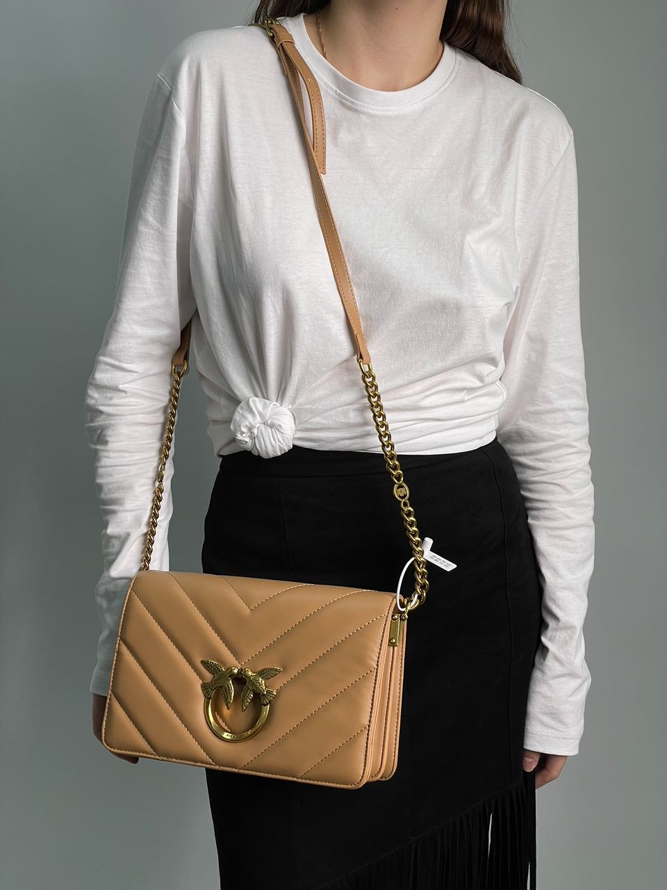 Pinko Large Love Bag Click Big Chevron Beige - 7