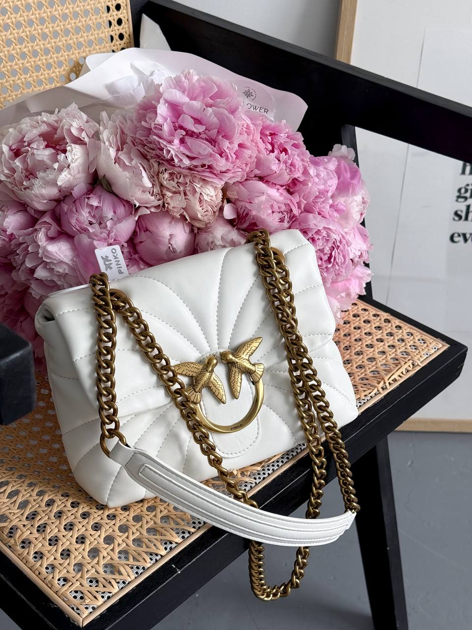 Pinko Love Bag Puff Butterfly Quilt White/Gold