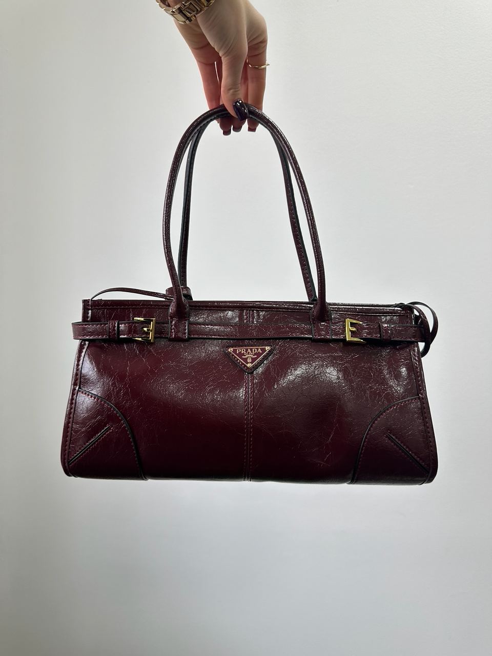 Prada Medium Leather Handbag Burgundy - 5