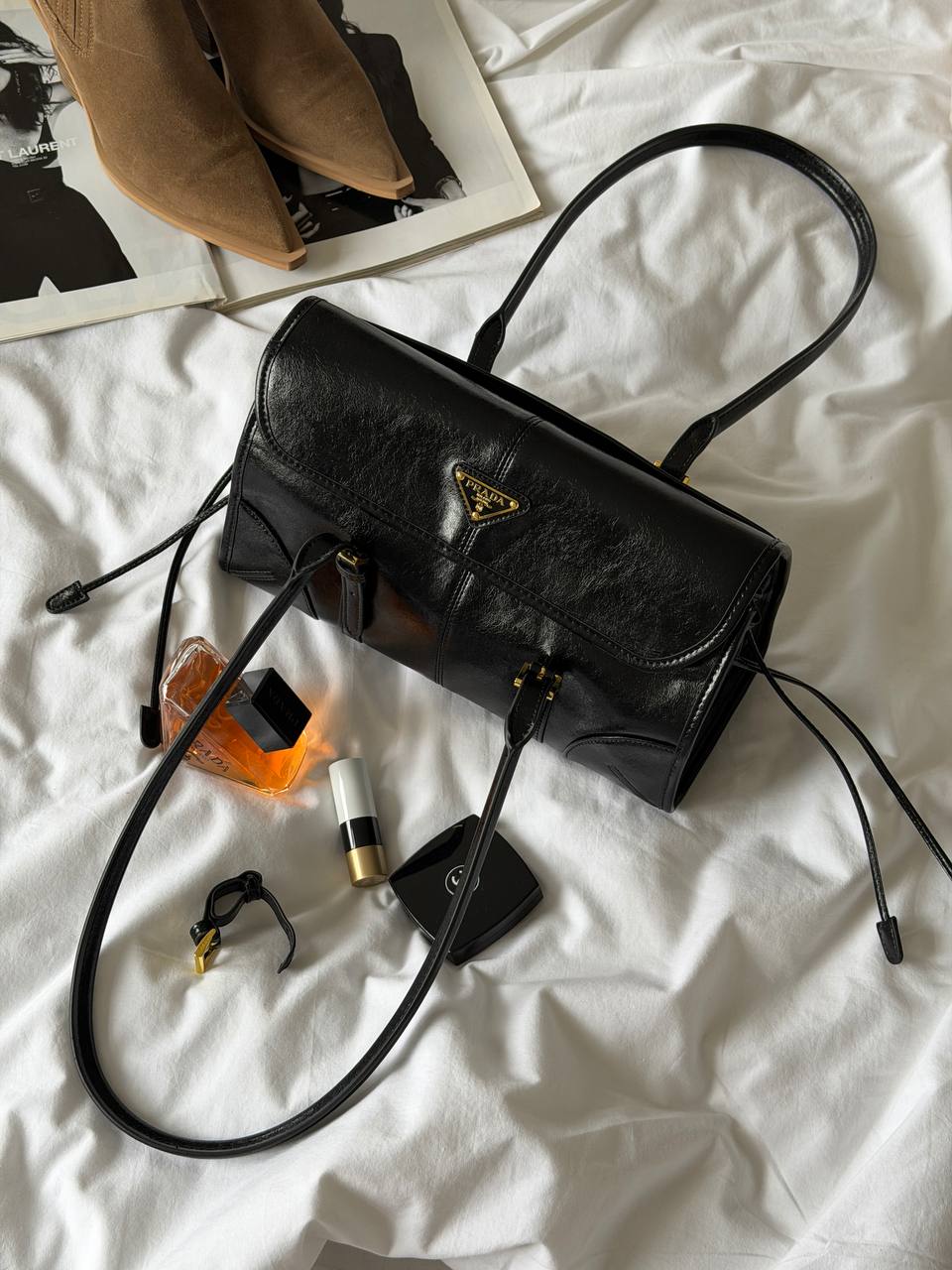 Prada Medium Leather Shoulder Bag Black - 5