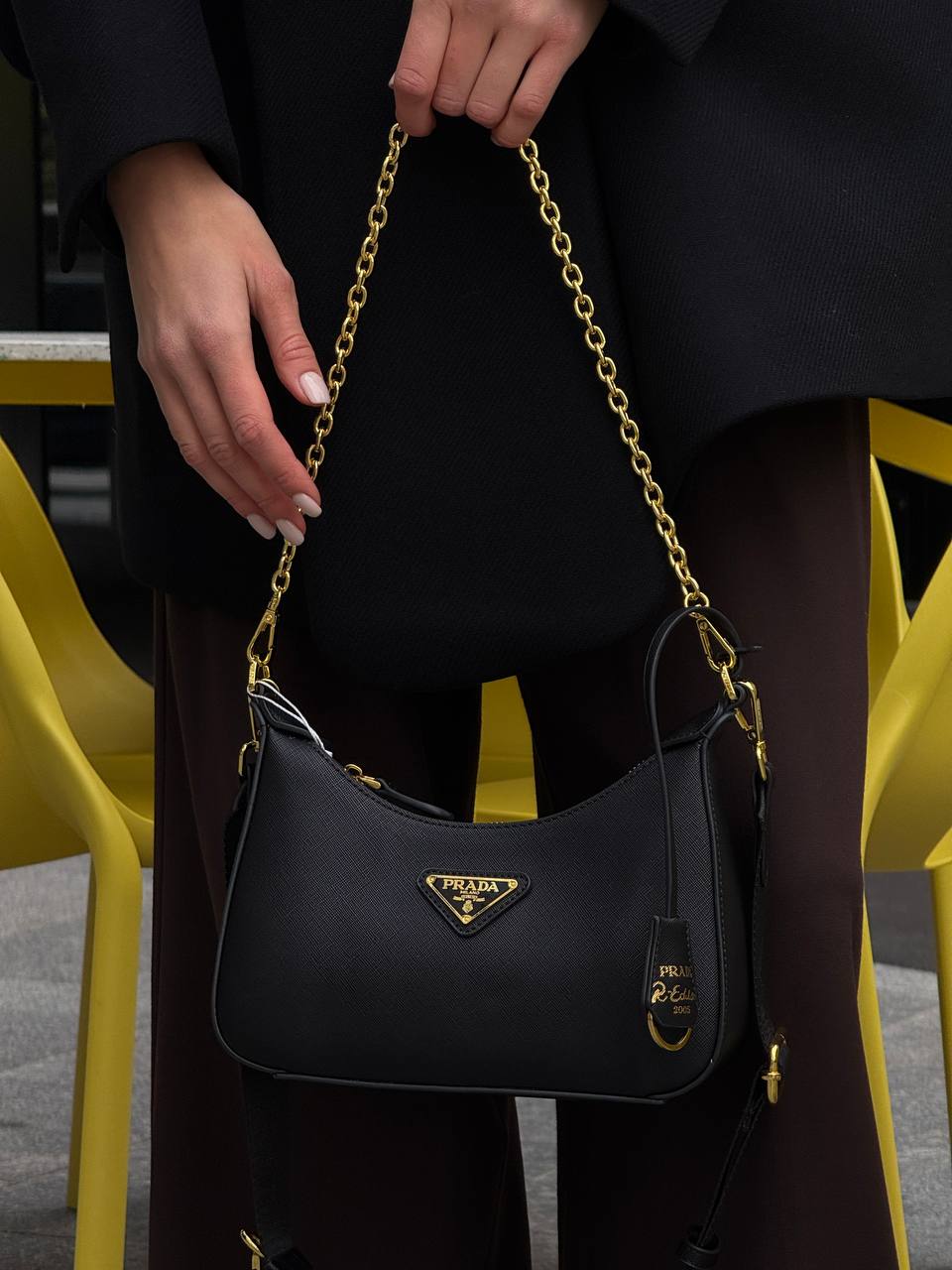 Prada Re-Edition 2005 Saffiano Leather Shoulder Bag Black/Gold - 5