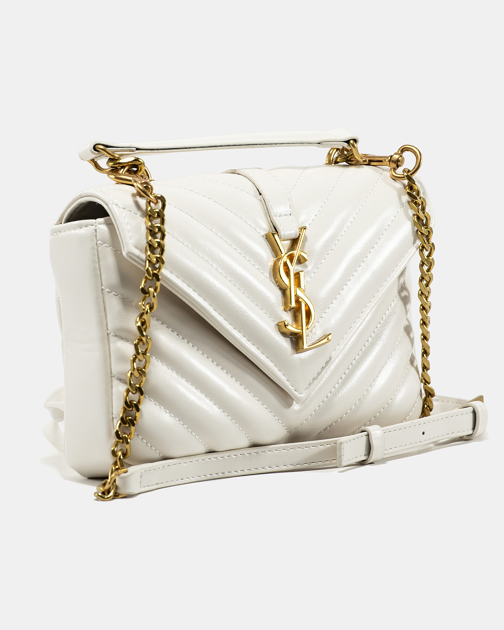 Saint Laurent College Small Top Handle Bag in White Matelassé Leather - 5