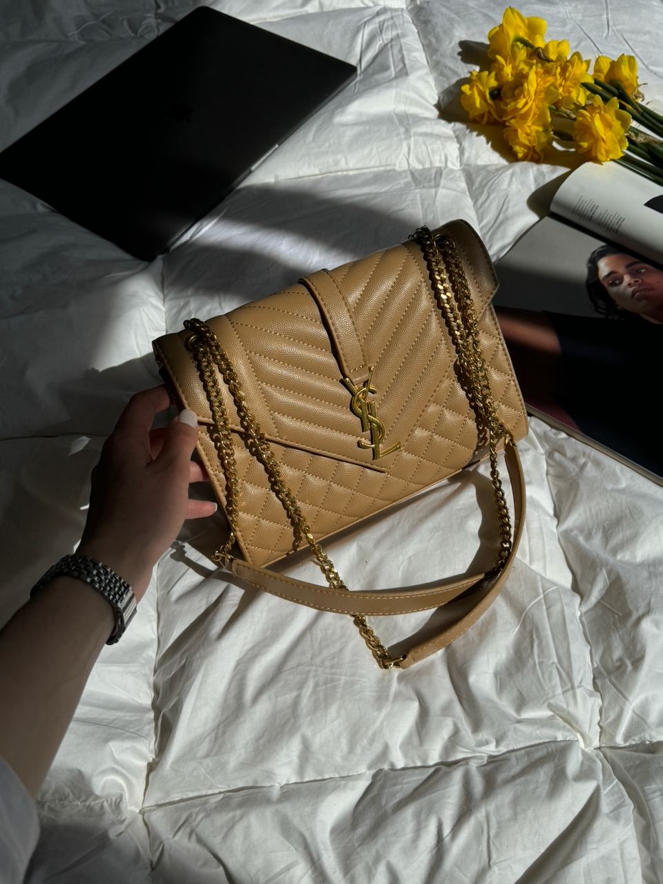 Saint Laurent Envelope Medium In Quilted Leather Beige - 8