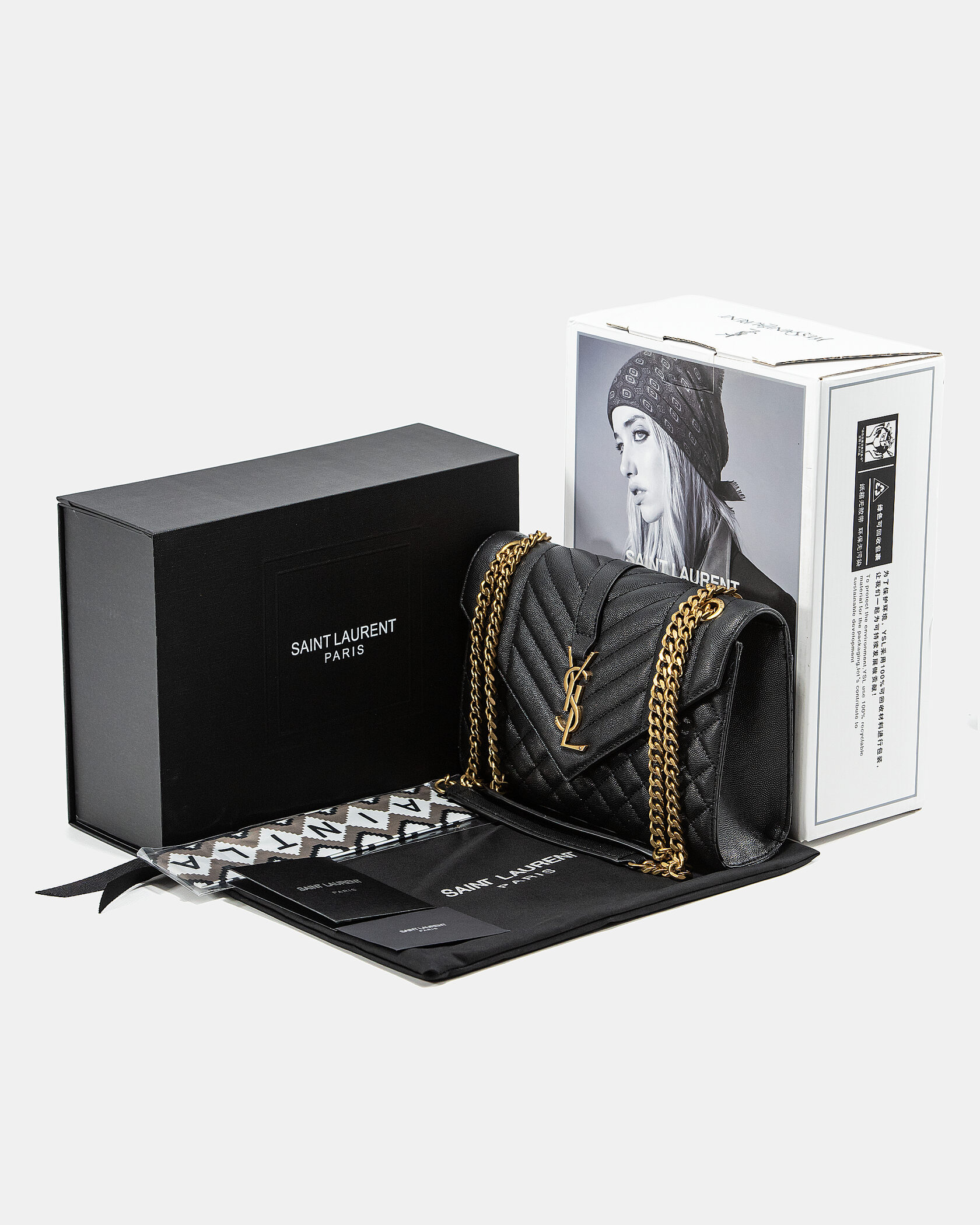 Saint Laurent Envelope Medium In Quilted Leather Black/Gold - 2