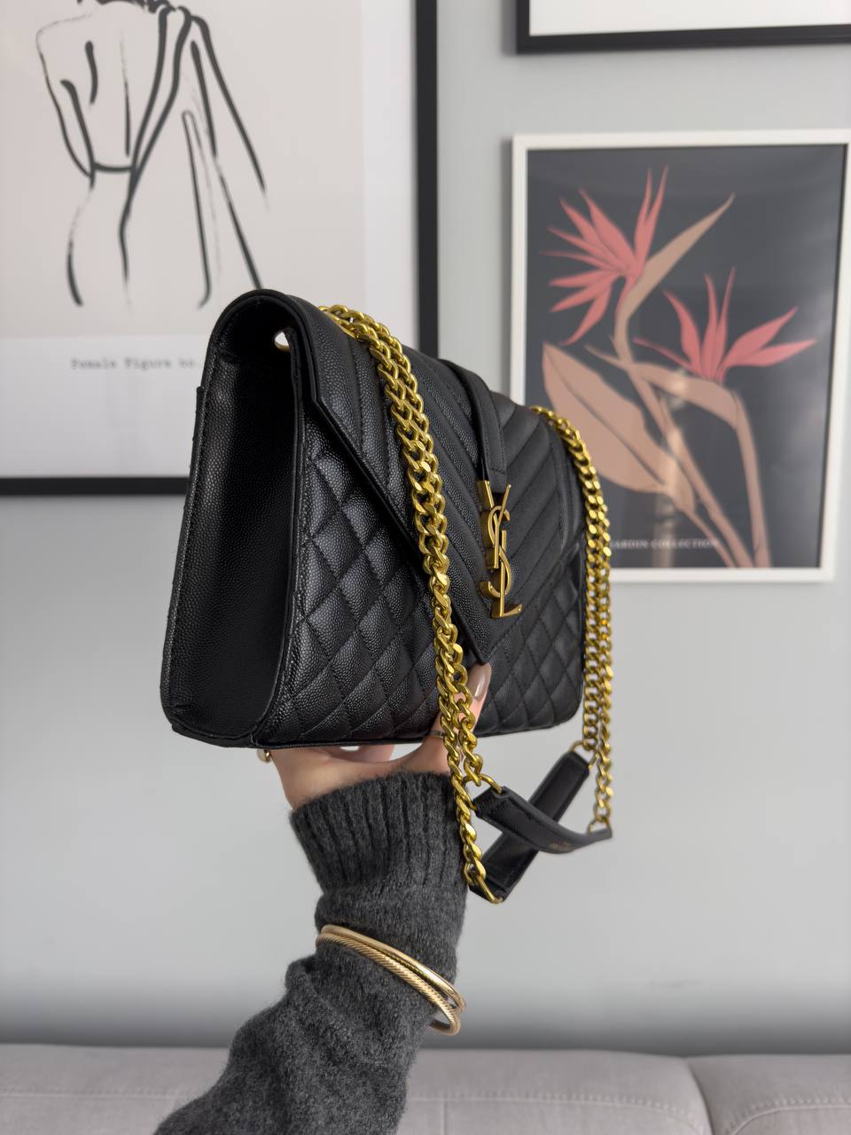 Saint Laurent Envelope Medium In Quilted Leather Gold - 8