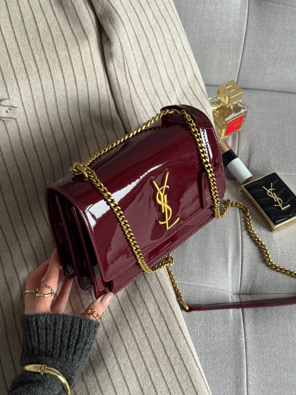 Saint Laurent Sunset Lacquered Leather Burgundy - 7