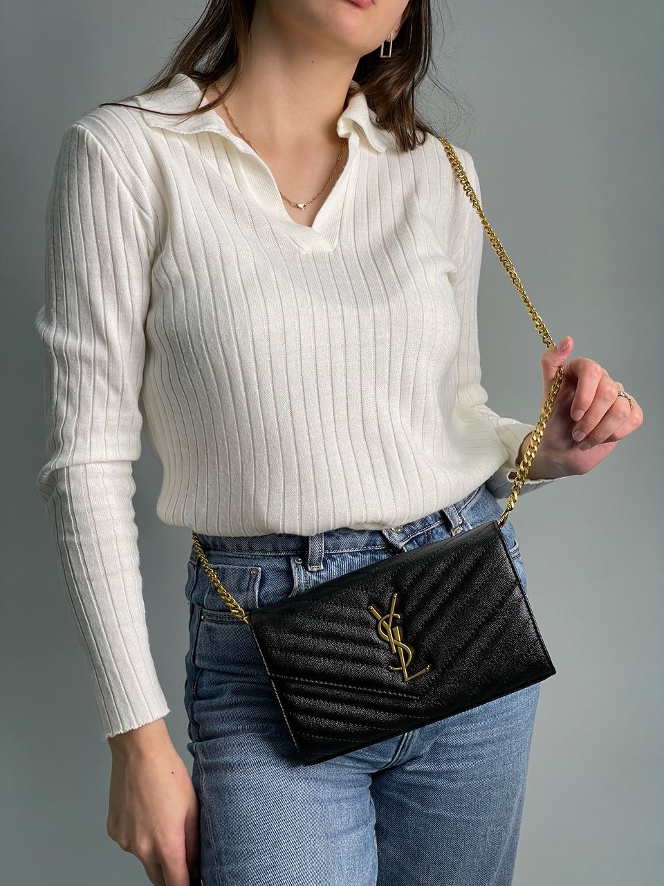 YSL Cassandre Matelasse Chain Wallet In Grain De Poudre Embossed Leather - 7