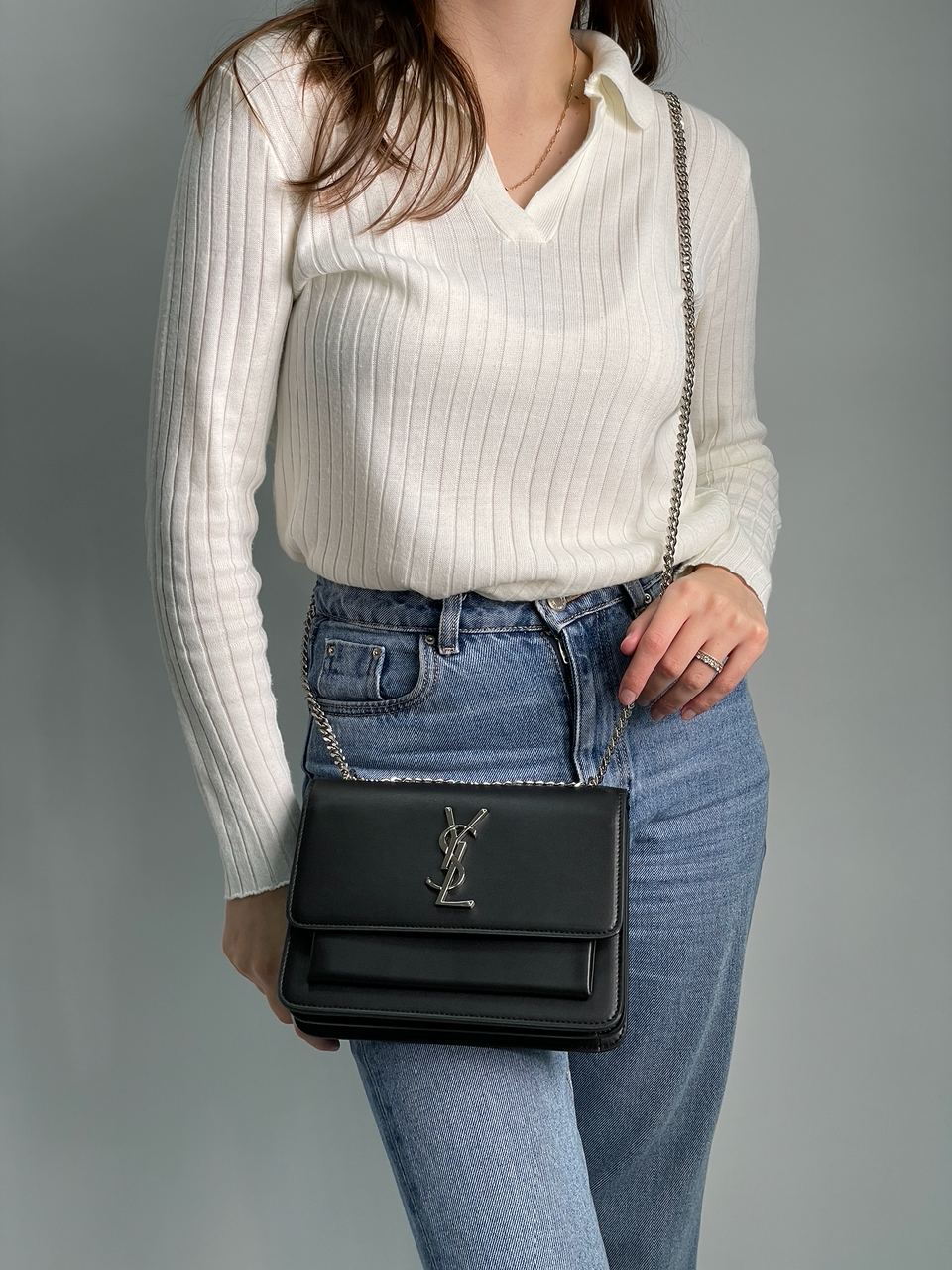 Yves Saint Laurent Medium Sunset in Smooth Leather Black/Silver - 6