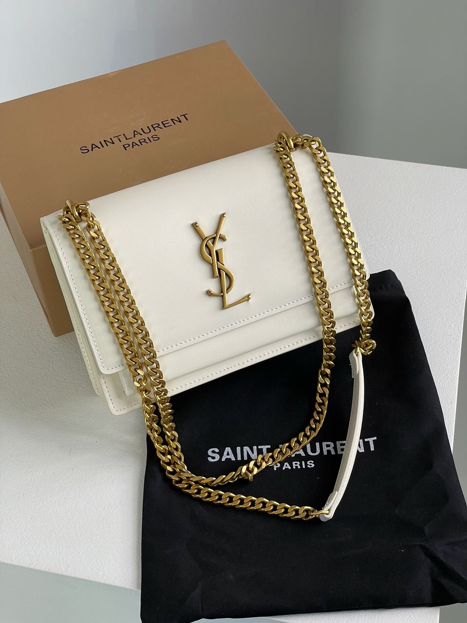 Yves Saint Laurent Medium Sunset in Smooth Leather Cream/Gold - 3