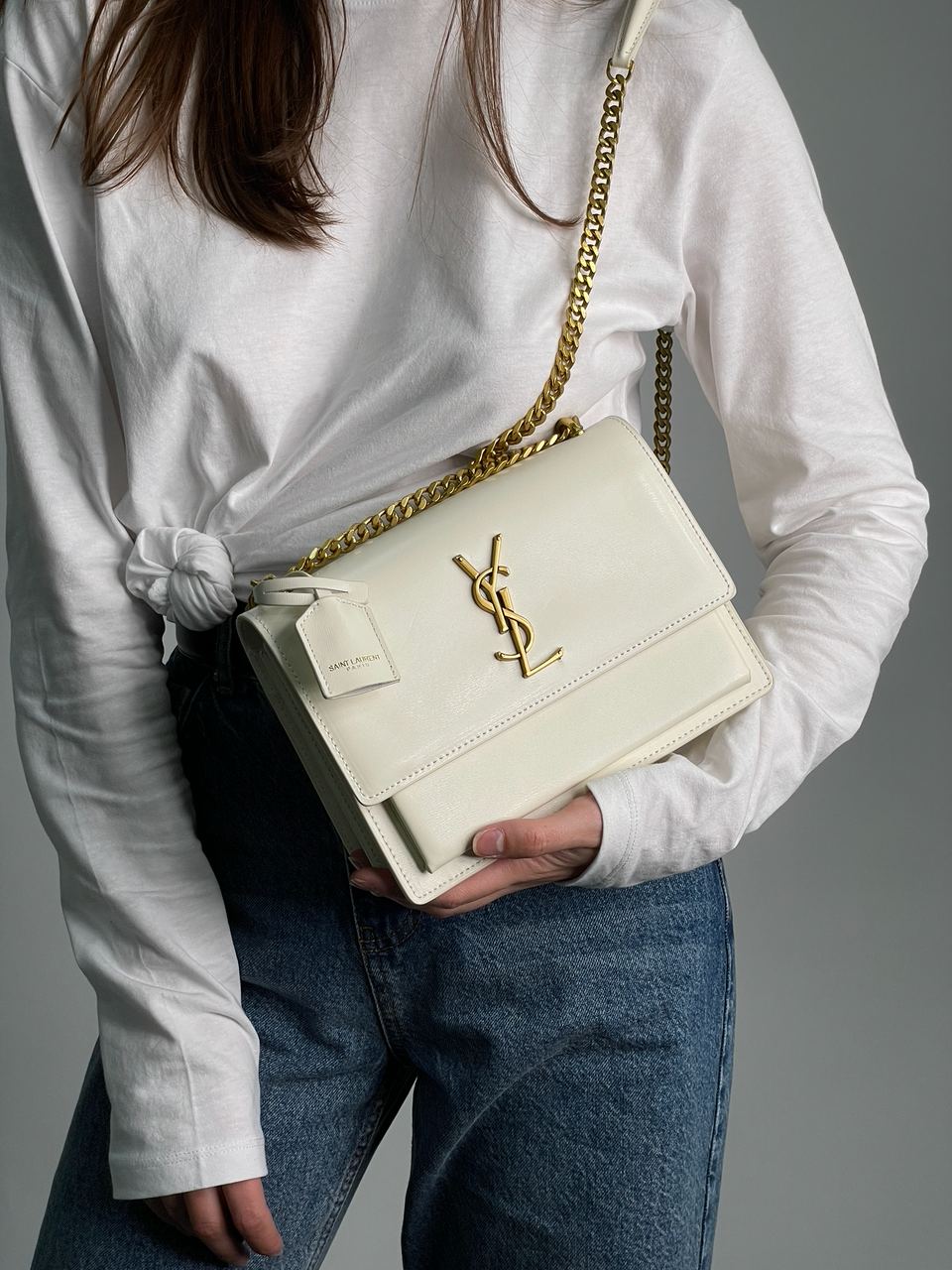 Yves Saint Laurent Medium Sunset in Smooth Leather Cream/Gold - 5