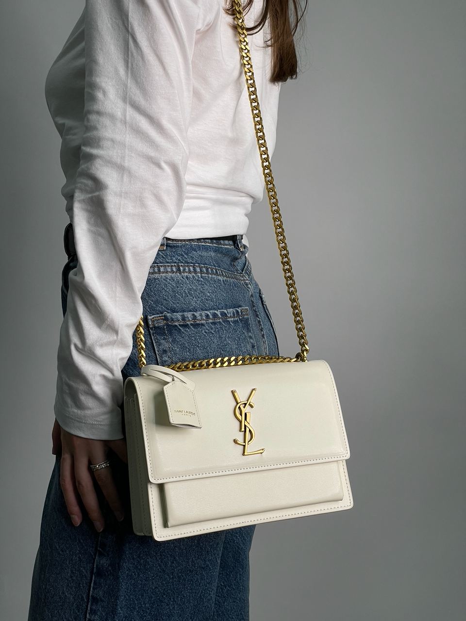 Yves Saint Laurent Medium Sunset in Smooth Leather Cream/Gold - 6